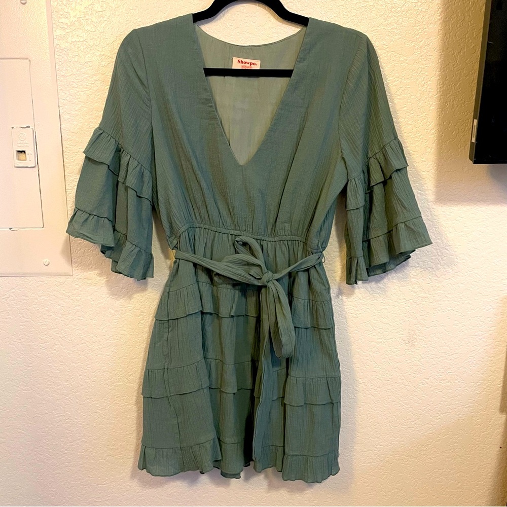 Showpo teal dress, ruffled